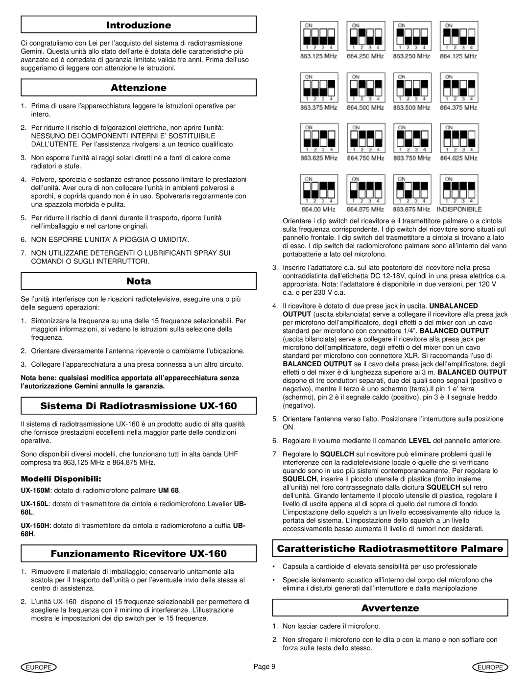 Gemini Industries manual Introduzione, Attenzione, Sistema Di Radiotrasmissione UX-160, Funzionamento Ricevitore UX-160 