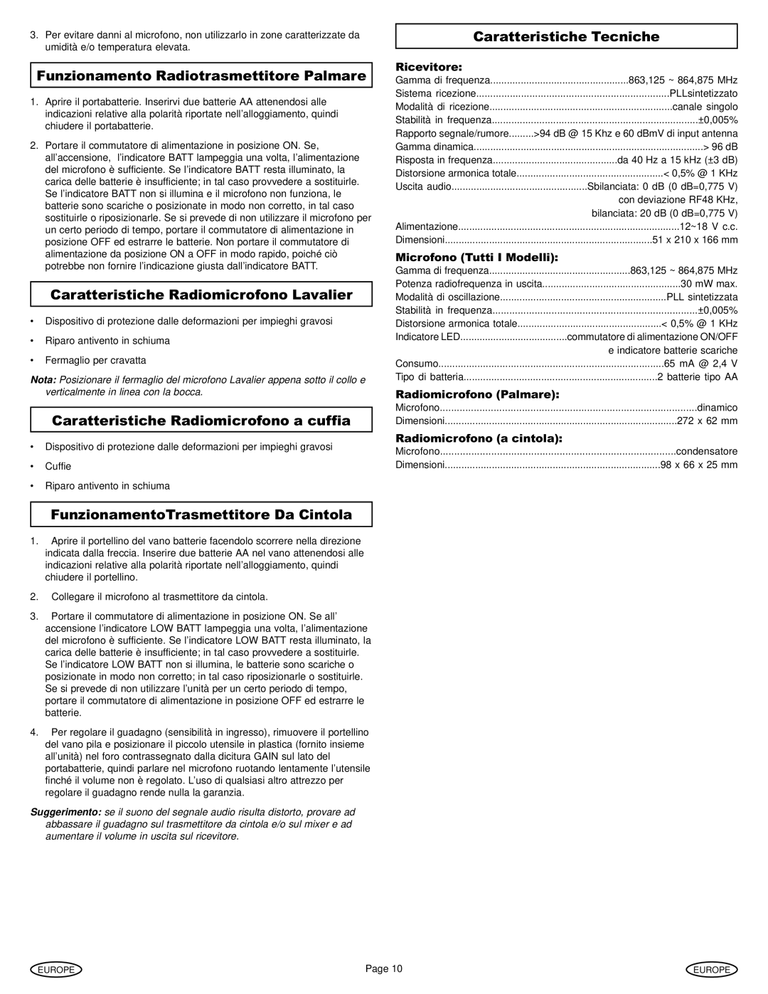 Gemini Industries UX-160 manual Funzionamento Radiotrasmettitore Palmare, Caratteristiche Radiomicrofono Lavalier 