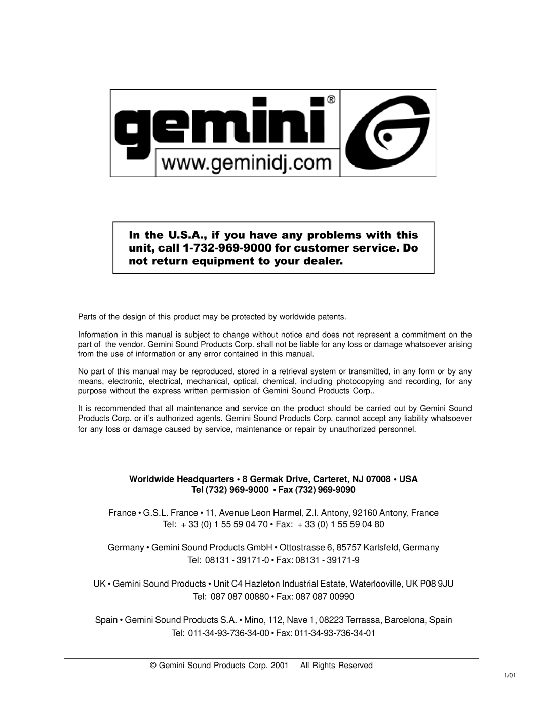 Gemini Industries UX-160 manual Gemini Sound Products Corp All Rights Reserved 