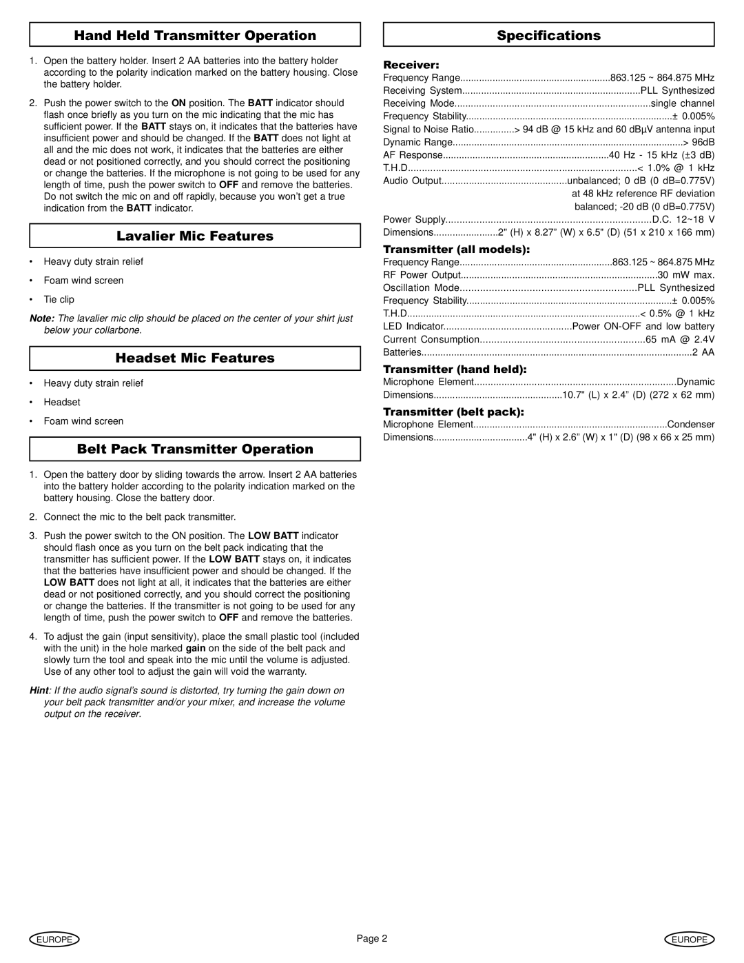 Gemini Industries UX-160 Hand Held Transmitter Operation, Lavalier Mic Features, Headset Mic Features, Specifications 