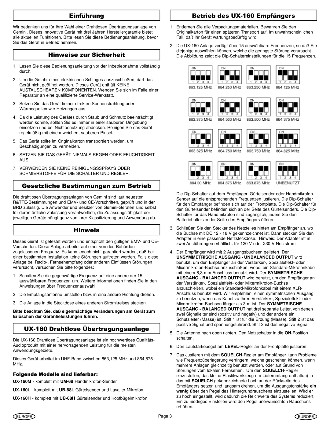 Gemini Industries manual Einführung Betrieb des UX-160 Empfängers, Hinweise zur Sicherheit 