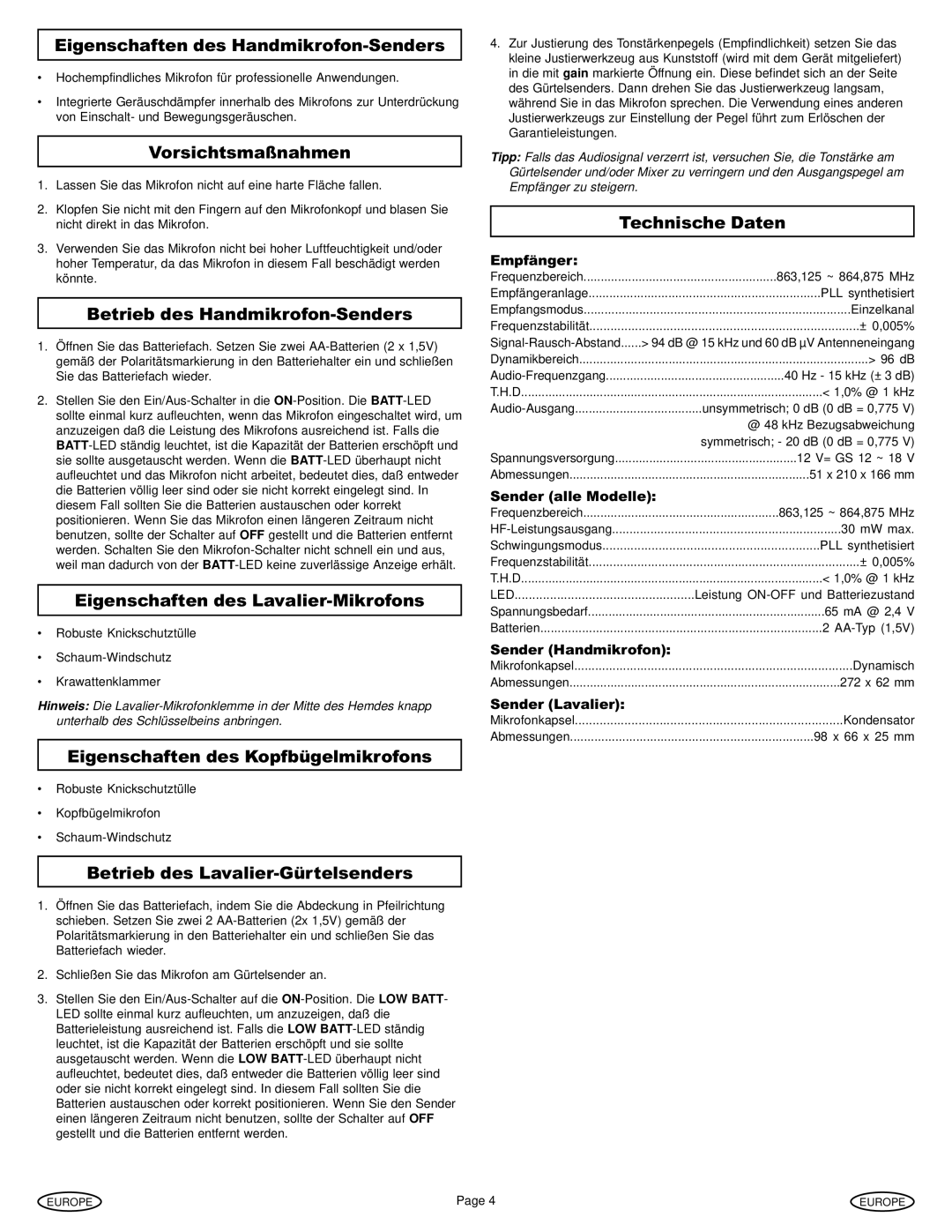 Gemini Industries UX-160 Eigenschaften des Handmikrofon-Senders, Vorsichtsmaßnahmen, Betrieb des Handmikrofon-Senders 