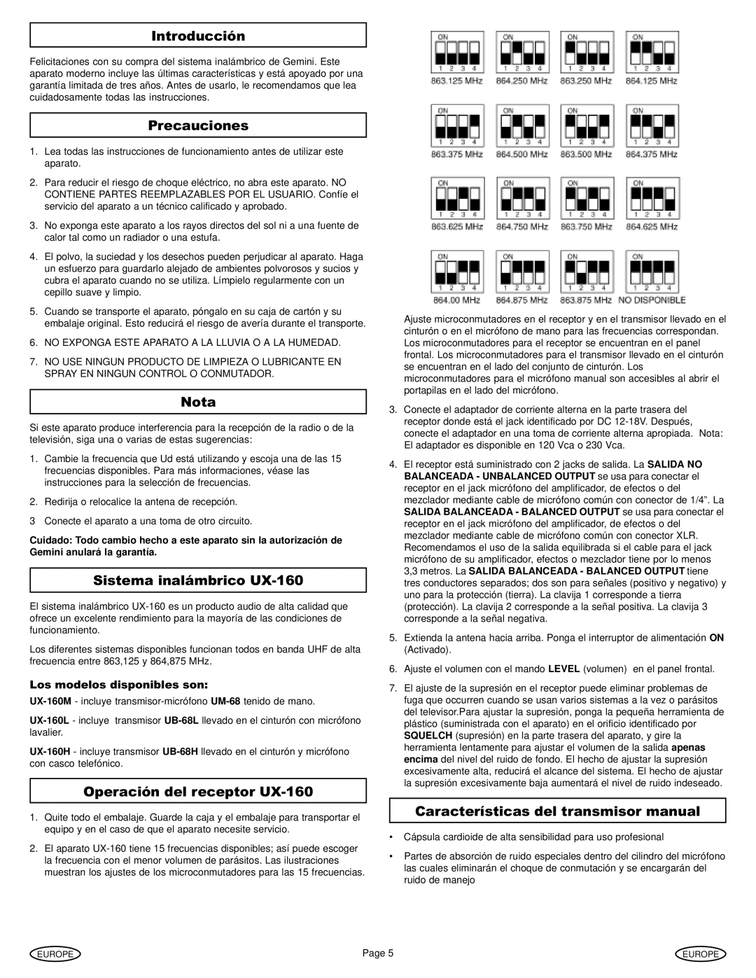 Gemini Industries manual Introducción, Precauciones, Nota, Sistema inalámbrico UX-160, Operación del receptor UX-160 