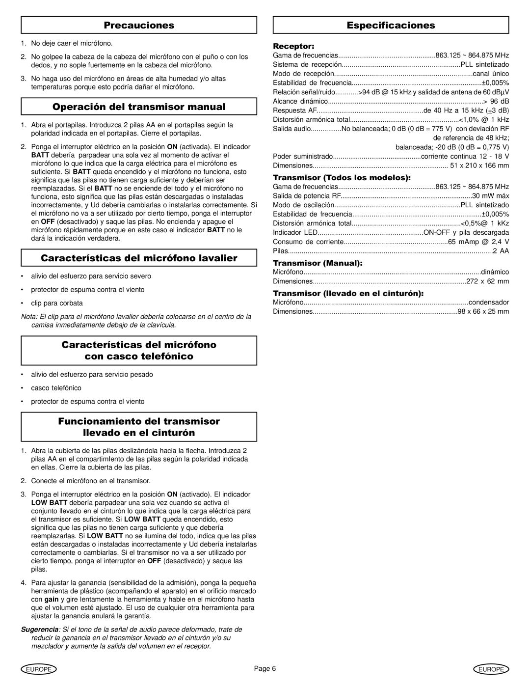 Gemini Industries UX-160 Precauciones Especificaciones, Operación del transmisor manual 