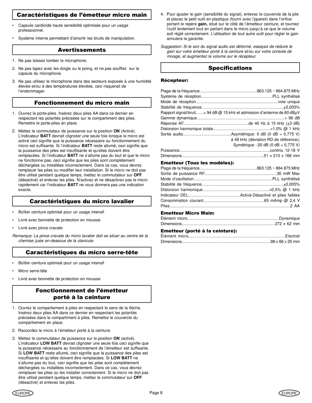 Gemini Industries UX-160 manual Caractéristiques de l’émetteur micro main, Fonctionnement du micro main 