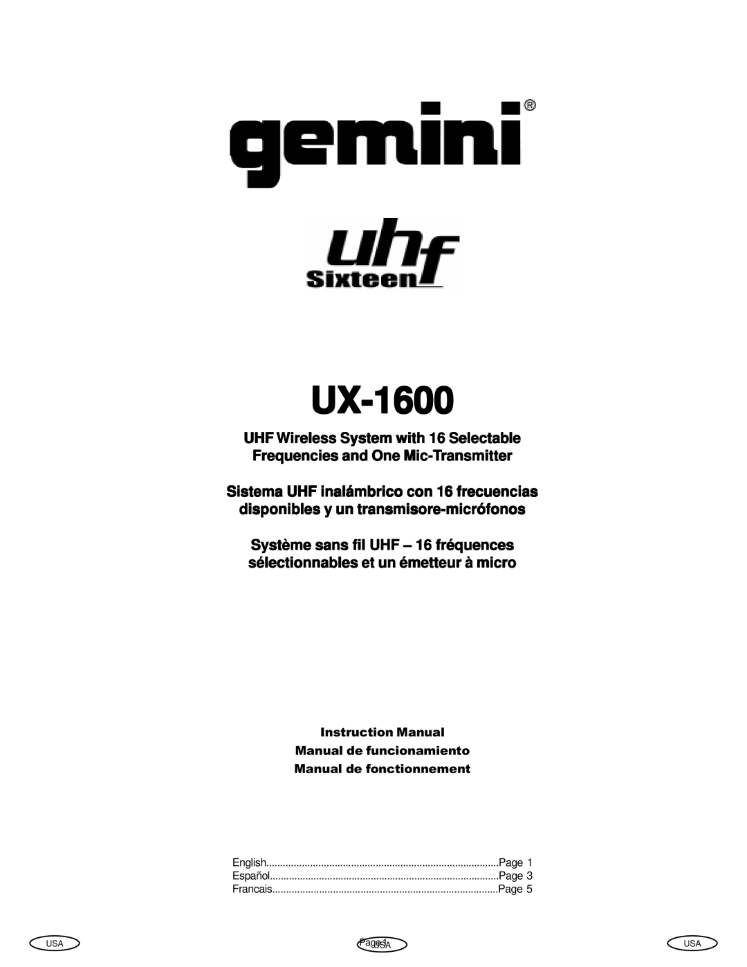 Gemini Industries UX-1600 instruction manual 