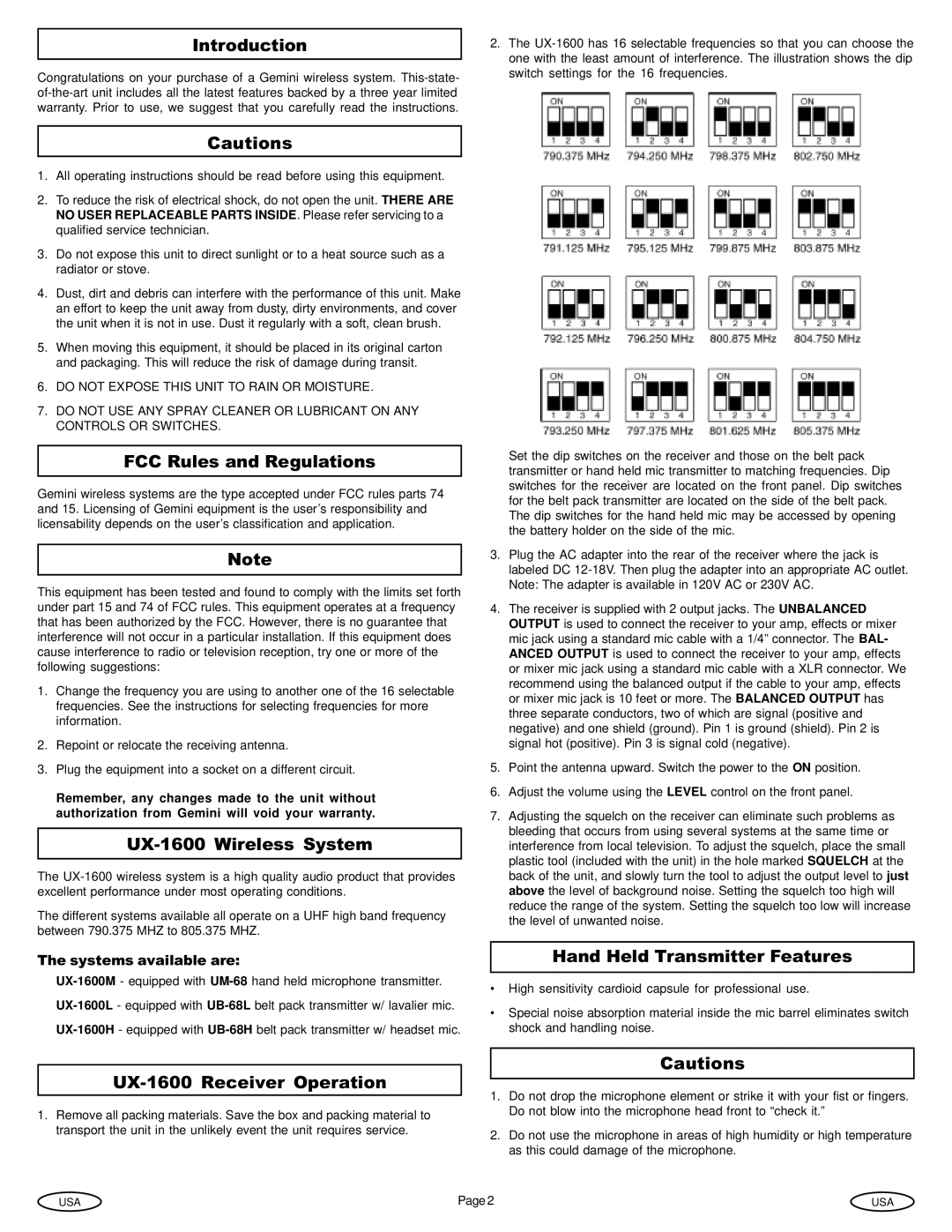 Gemini Industries Introduction, FCC Rules and Regulations, UX-1600 Wireless System, Hand Held Transmitter Features 