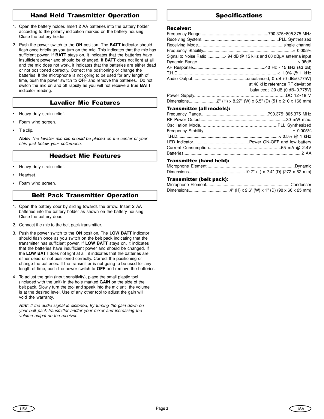 Gemini Industries UX-1600 Hand Held Transmitter Operation, Lavalier Mic Features, Headset Mic Features, Specifications 