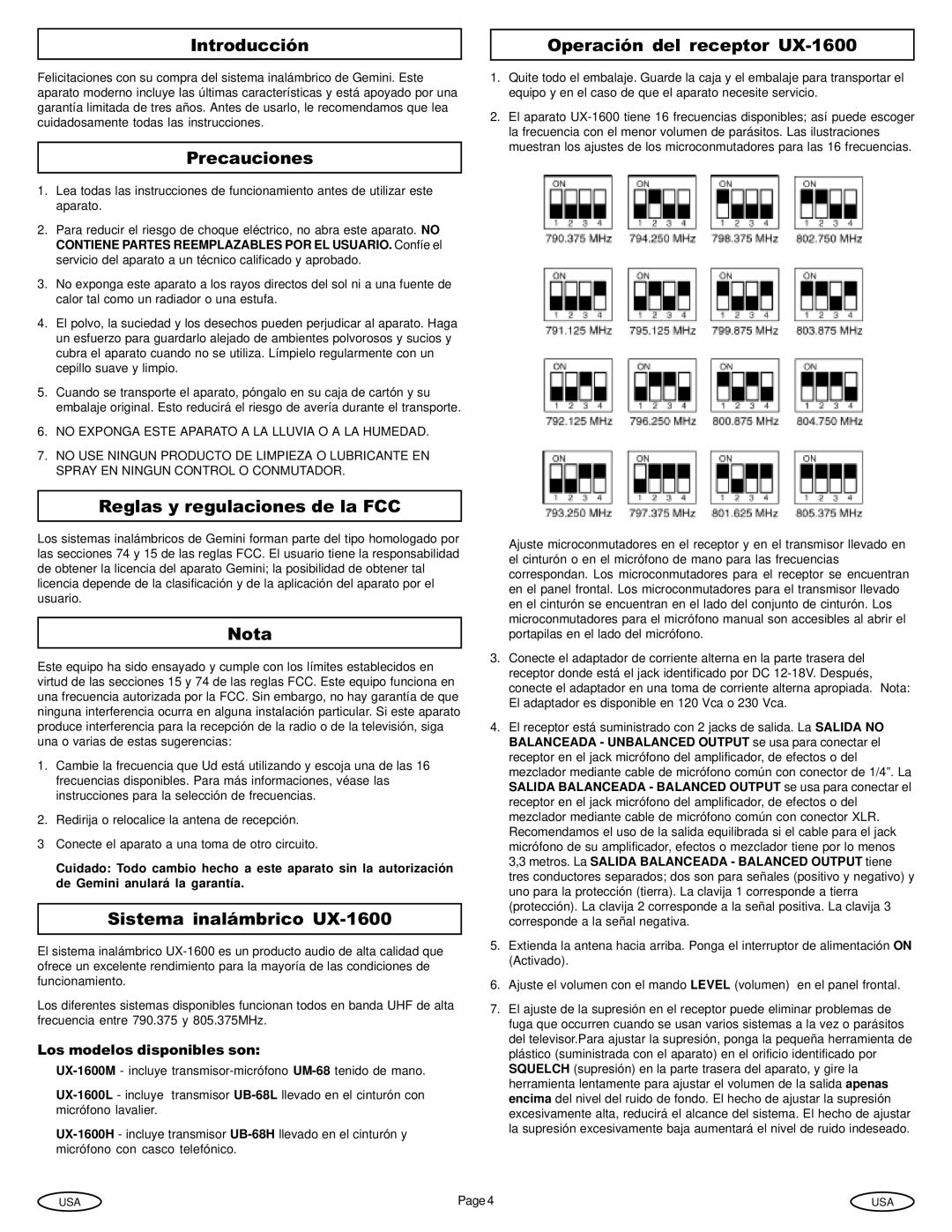 Gemini Industries Introducción Operación del receptor UX-1600, Precauciones, Reglas y regulaciones de la FCC, Nota 