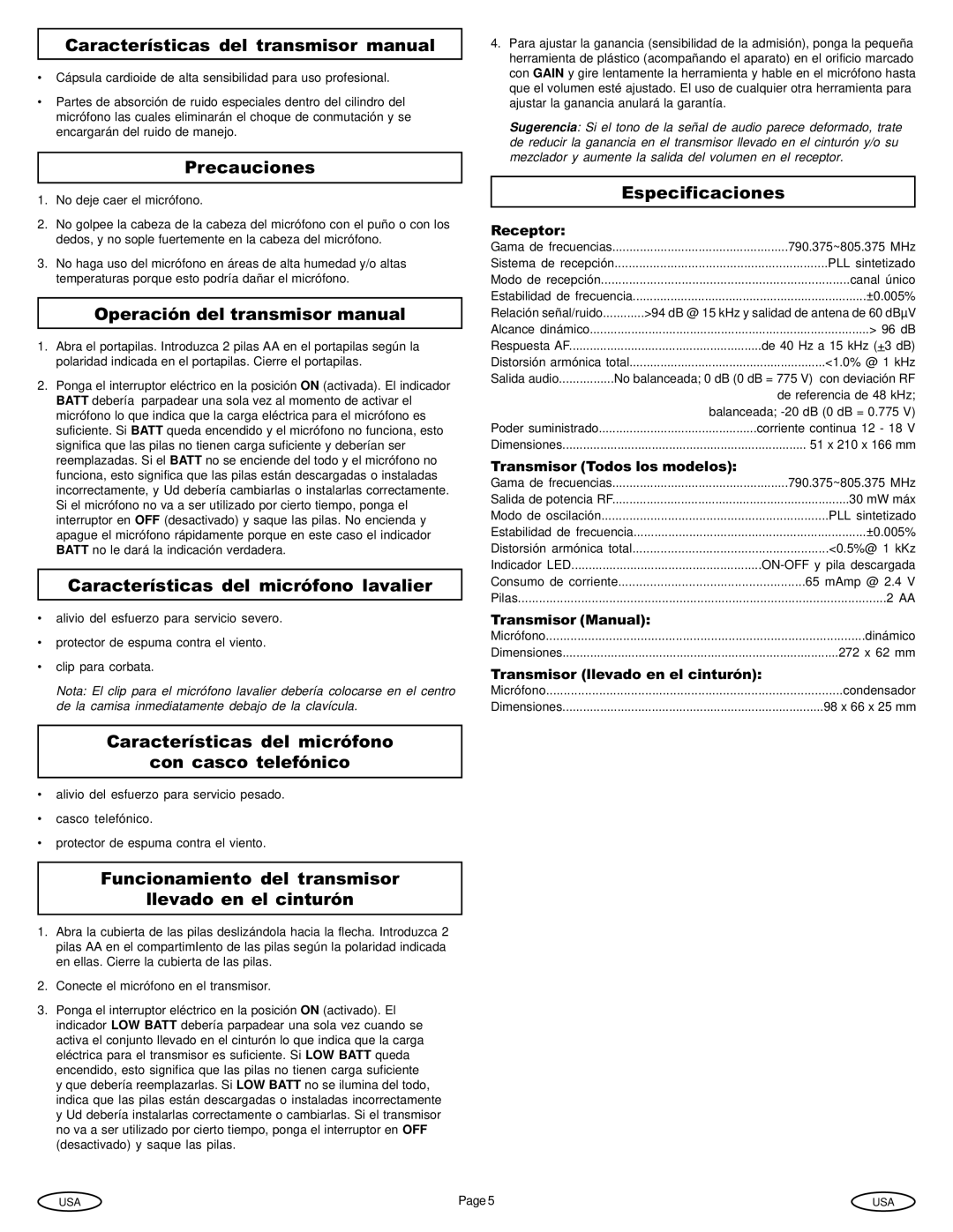 Gemini Industries UX-1600 Características del transmisor manual, Operación del transmisor manual, Especificaciones 