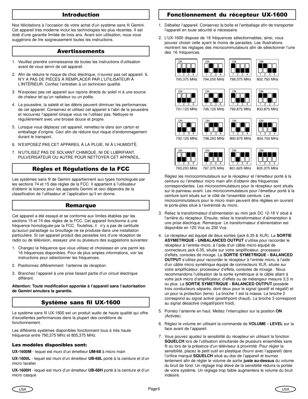 Gemini Industries Introduction Fonctionnement du récepteur UX-1600, Avertissements, Règles et Régulations de la FCC 