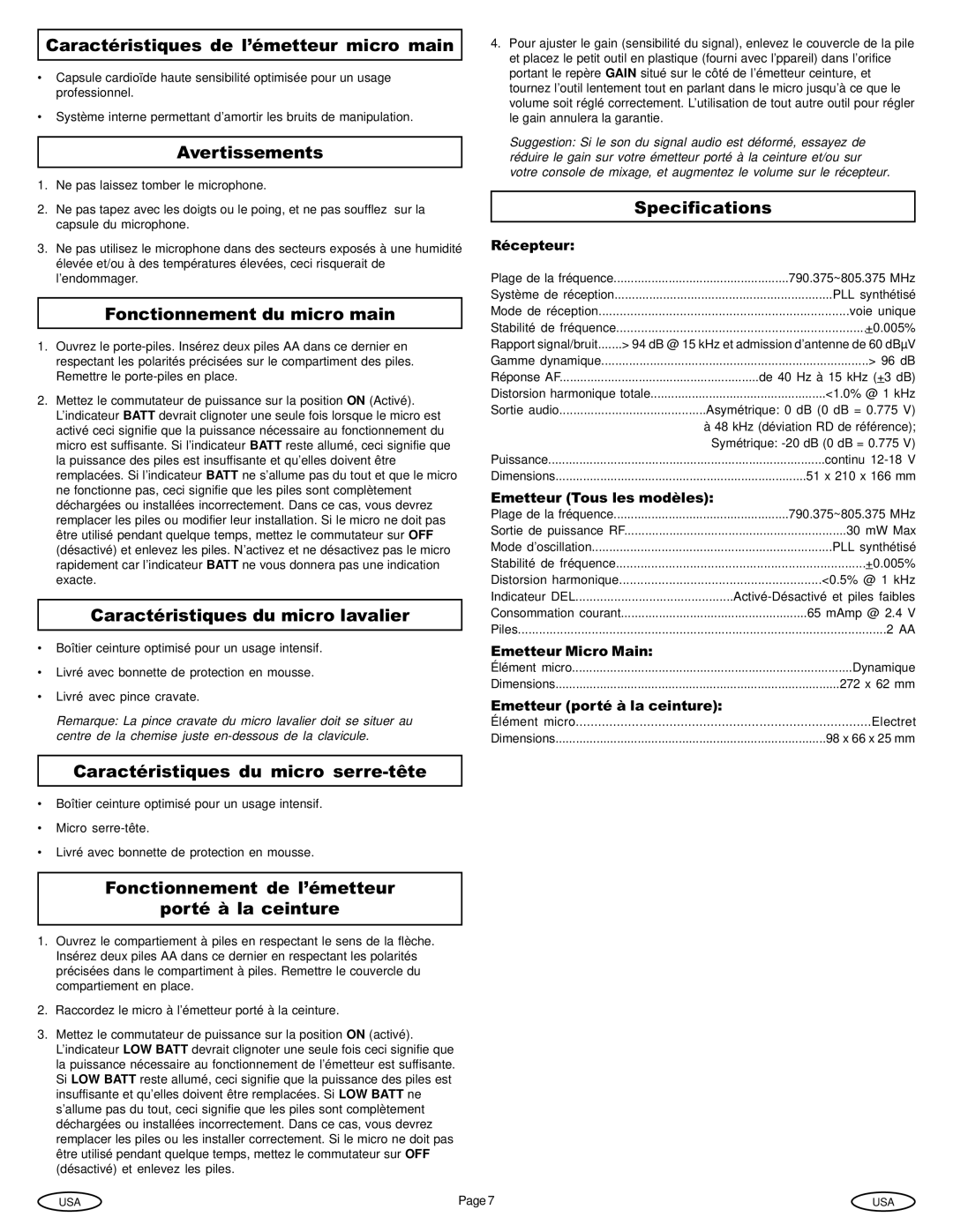 Gemini Industries UX-1600 instruction manual Caractéristiques de l’émetteur micro main, Fonctionnement du micro main 