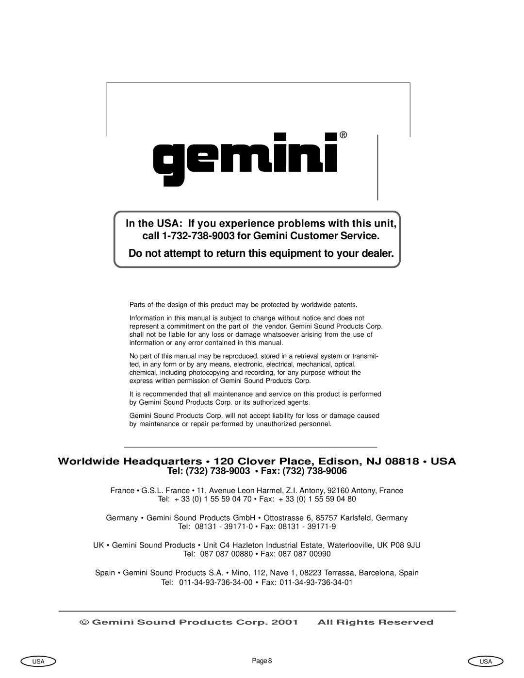 Gemini Industries UX-1600 instruction manual Do not attempt to return this equipment to your dealer 