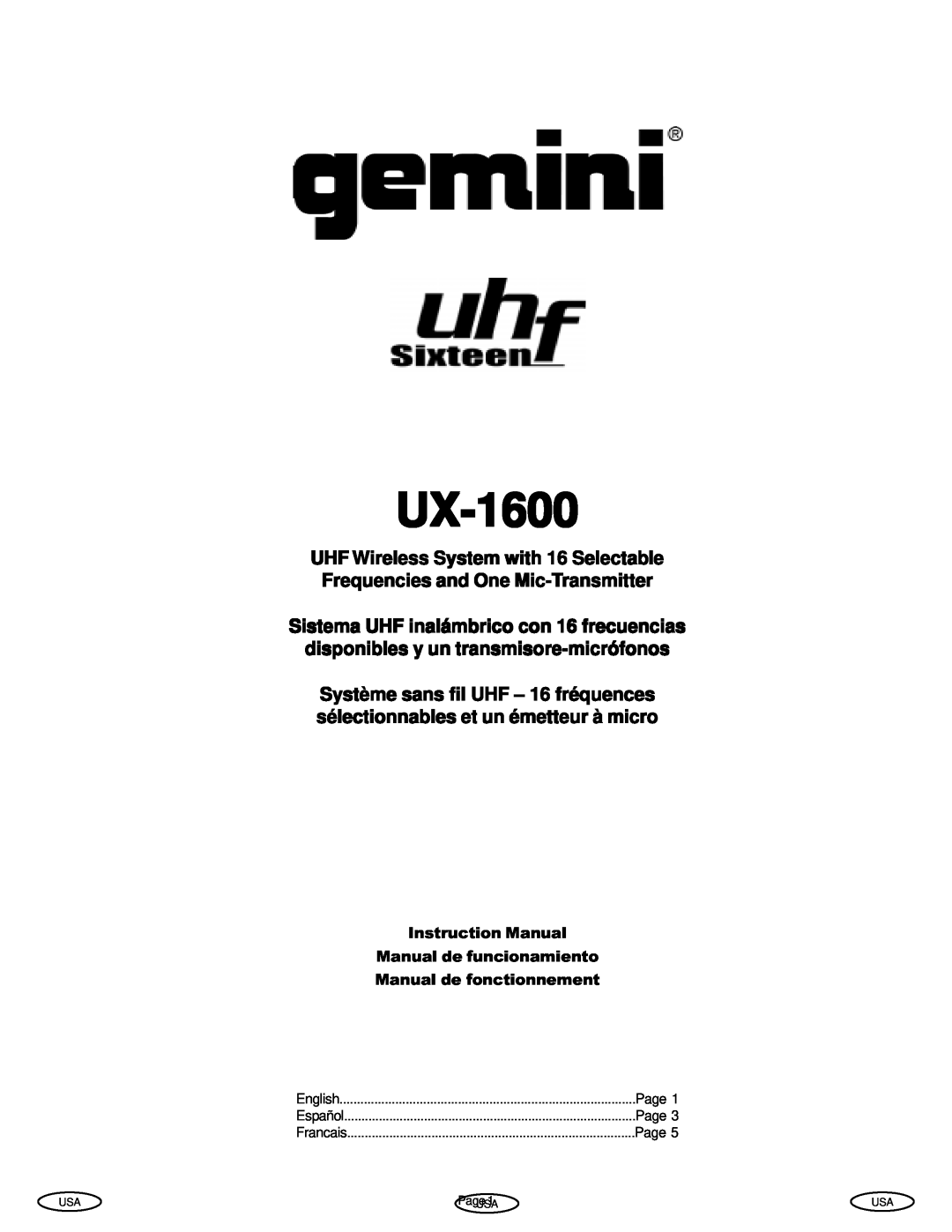 Gemini Industries UX-1600 instruction manual Instruction Manual Manual de funcionamiento Manual de fonctionnement 