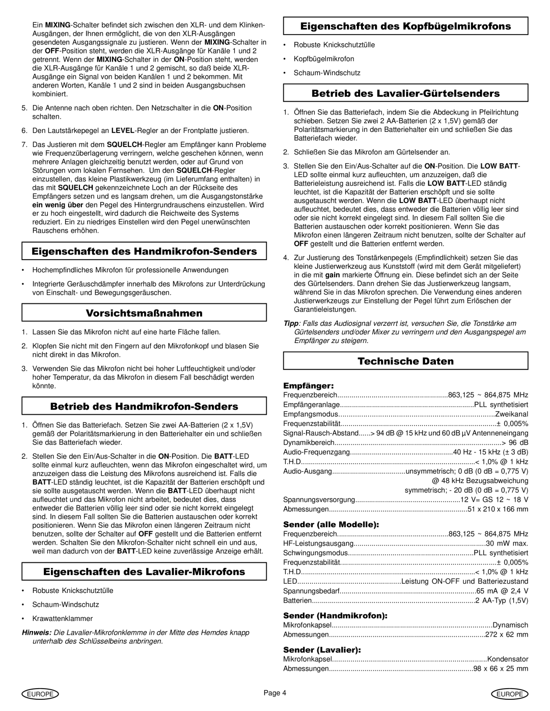 Gemini Industries UX-1620 Eigenschaften des Handmikrofon-Senders, Vorsichtsmaßnahmen, Betrieb des Handmikrofon-Senders 