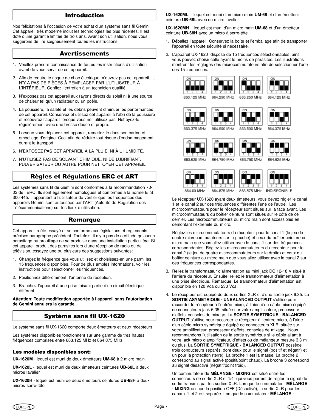 Gemini Industries UX-1620 manual Introduction, Règles et Régulations ERC et ART 