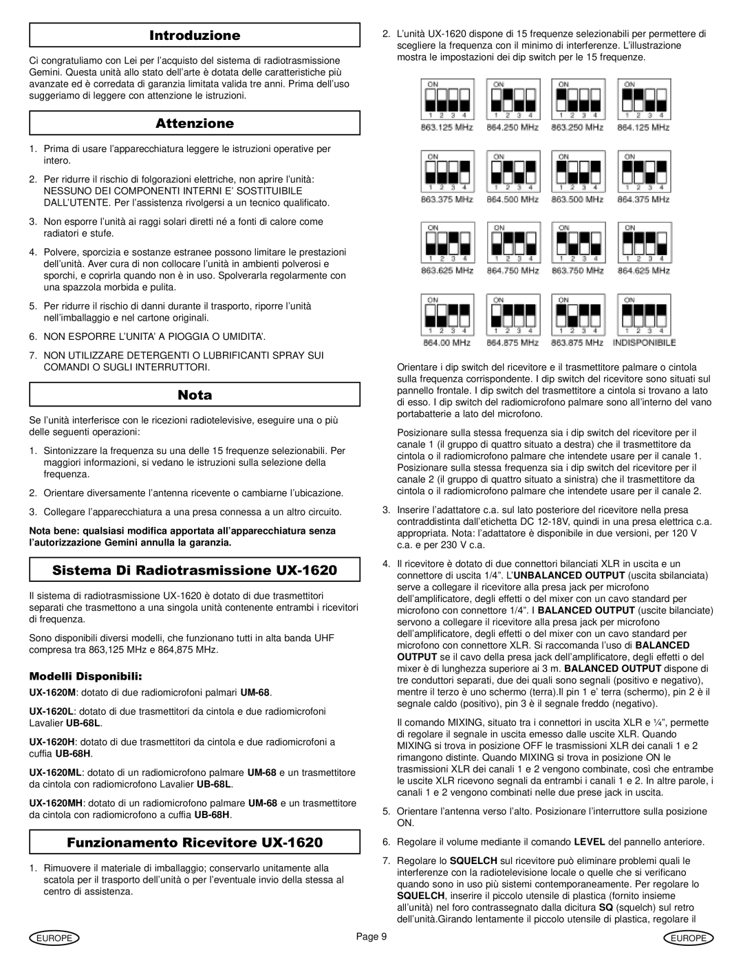 Gemini Industries Introduzione, Attenzione, Sistema Di Radiotrasmissione UX-1620, Funzionamento Ricevitore UX-1620 