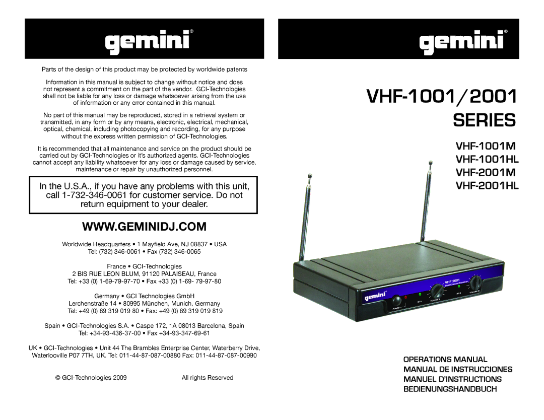 Gemini Industries VHF-2001HL, VHF-2001M, VHF-1001HL, VHF-1001M manual Series 