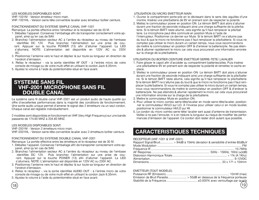 Gemini Industries VHF-1001HL manual Systeme Sans FIL VHF-2001 Microphone Sans FIL Double Canal, Caracteristiques Techniques 