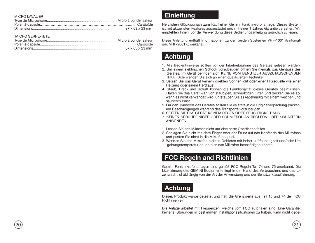 Gemini Industries VHF-1001M, VHF-2001M Einleitung, Achtung, FCC Regeln and Richtlinien, Micro Lavalier, Micro SERRE-TETE 