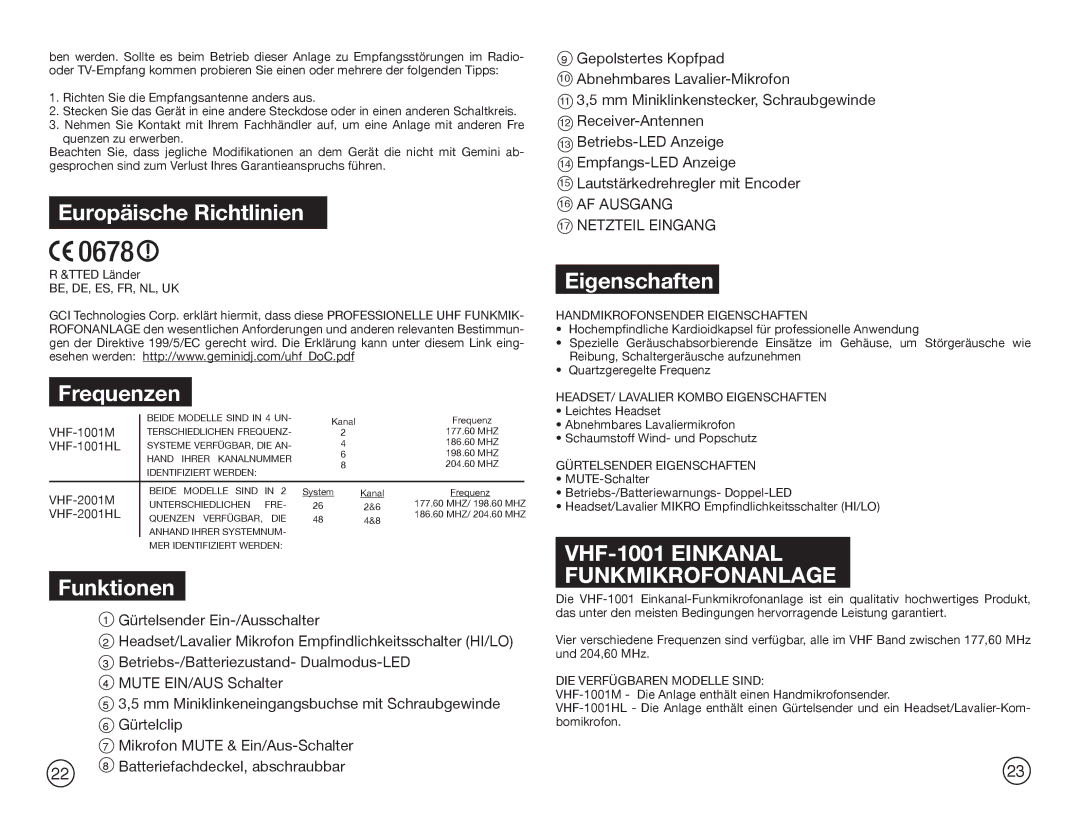 Gemini Industries VHF-2001M, VHF-2001HL, VHF-1001HL manual Europäische Richtlinien, Frequenzen, Funktionen, Eigenschaften 