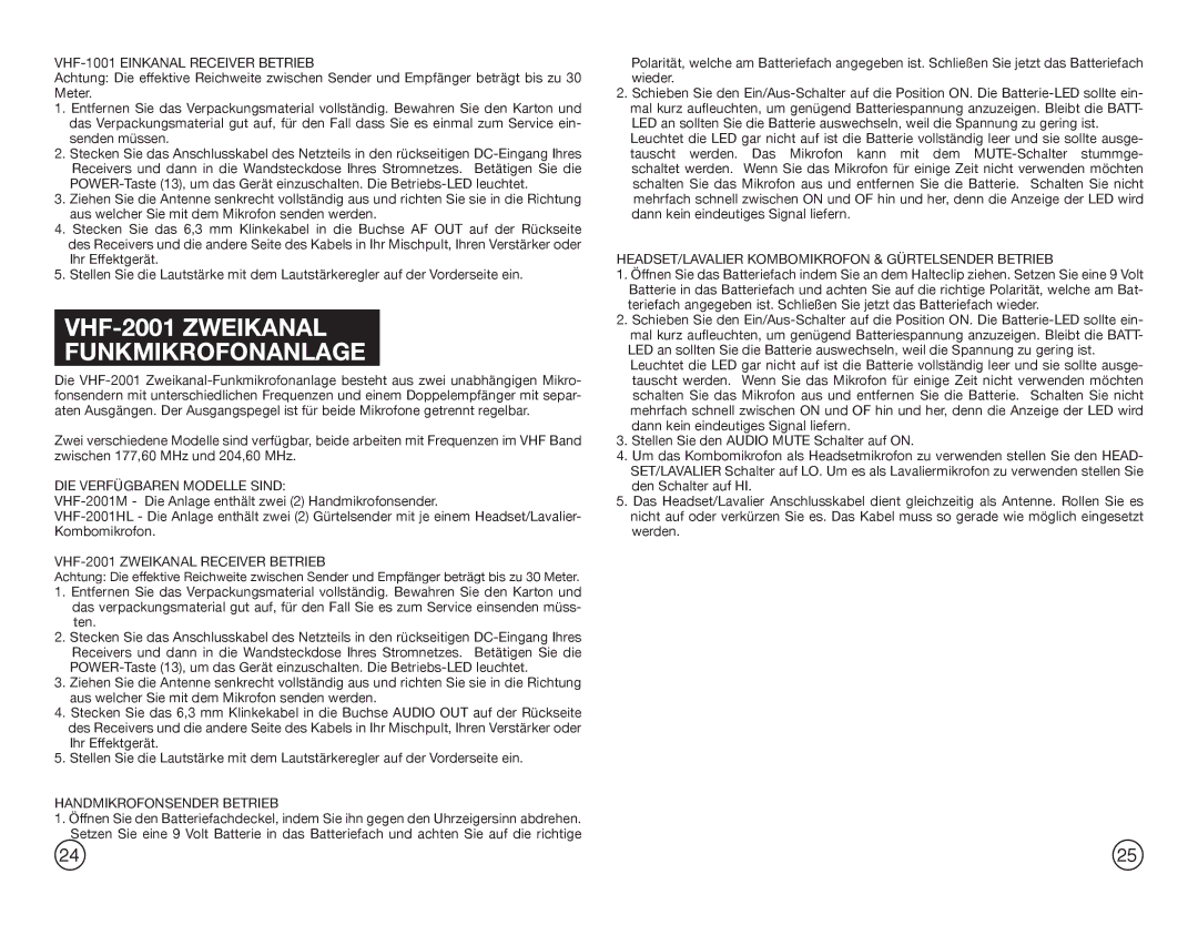 Gemini Industries VHF-2001HL, VHF-2001M manual VHF-2001 Zweikanal Funkmikrofonanlage, VHF-1001 Einkanal Receiver Betrieb 