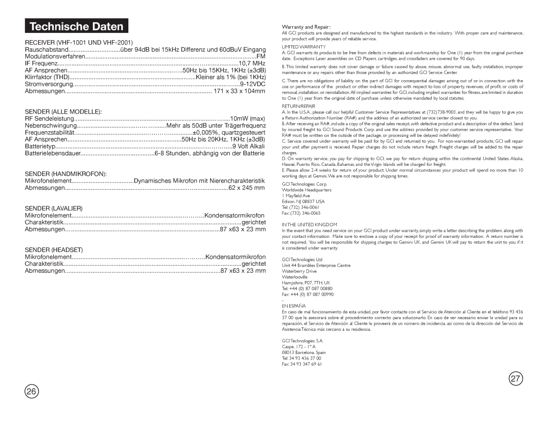 Gemini Industries VHF-1001HL, VHF-2001M, VHF-2001HL, VHF-1001M manual Technische Daten 