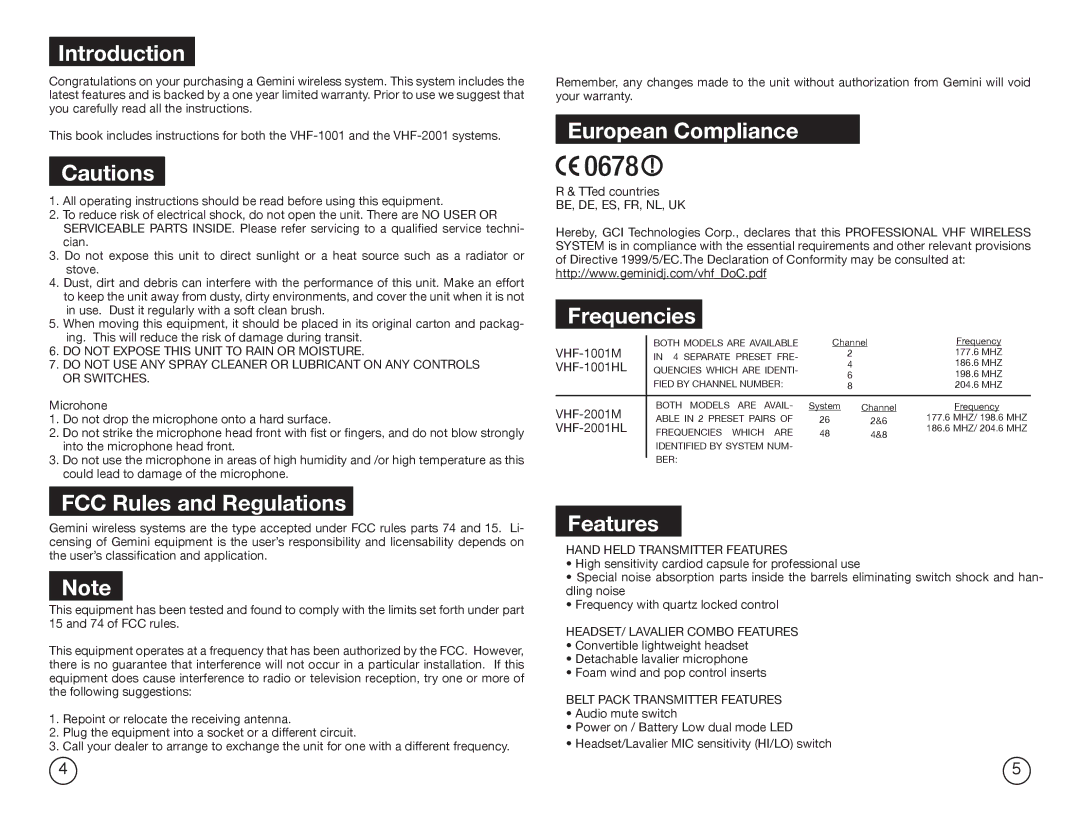 Gemini Industries VHF-1001M, VHF-2001M Introduction, FCC Rules and Regulations, European Compliance, Frequencies, Features 