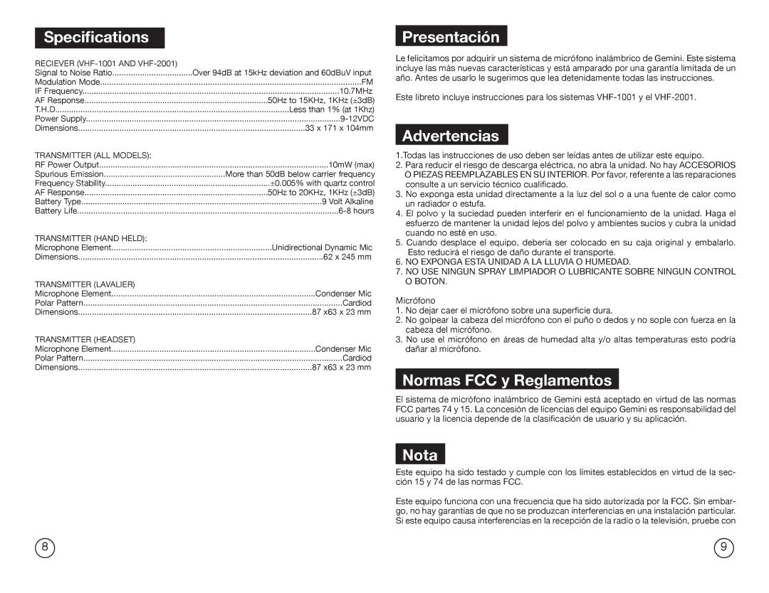 Gemini Industries VHF-2001HL, VHF-2001M manual Specifications, Presentación, Advertencias, Normas FCC y Reglamentos, Nota 