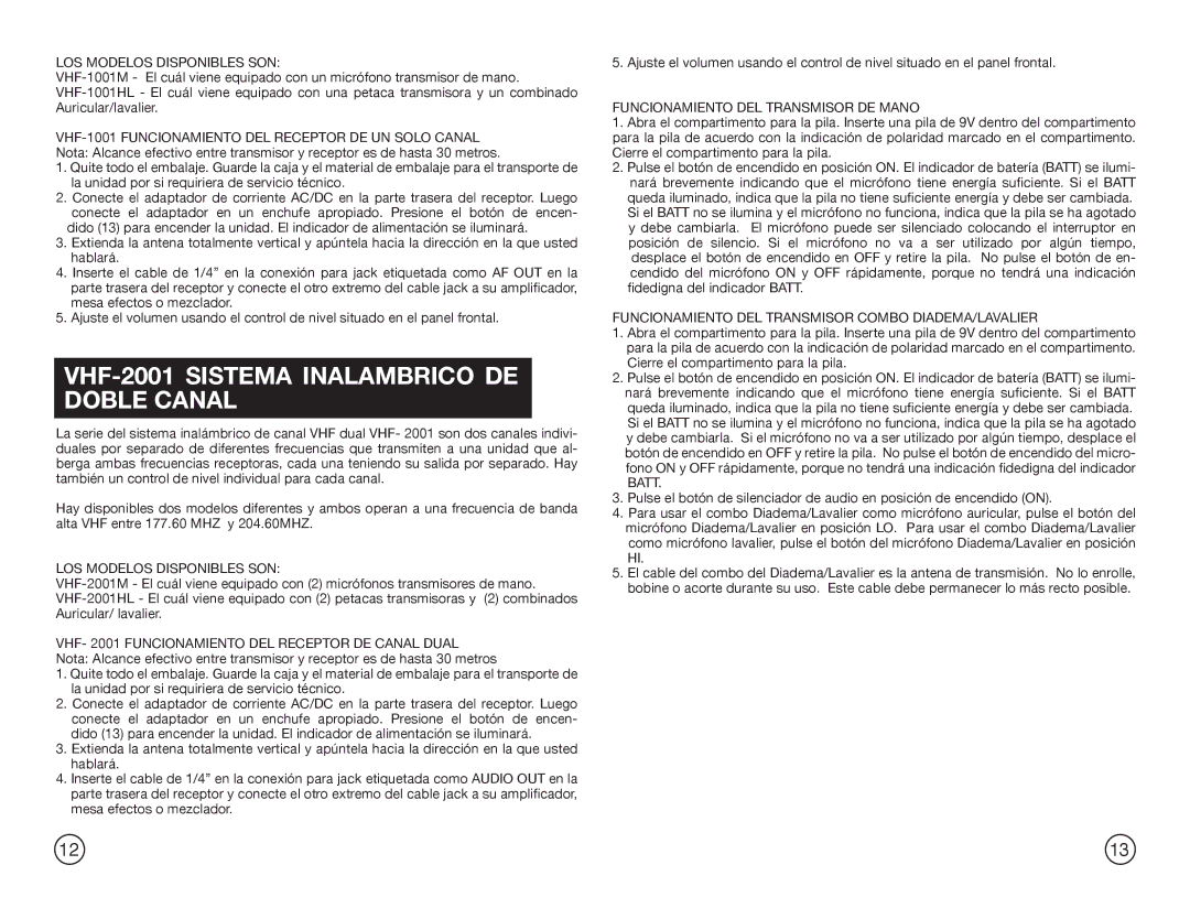 Gemini Industries VHF-1001M, VHF-2001M manual VHF-2001 Sistema Inalambrico DE Doble Canal, LOS Modelos Disponibles SON, Batt 
