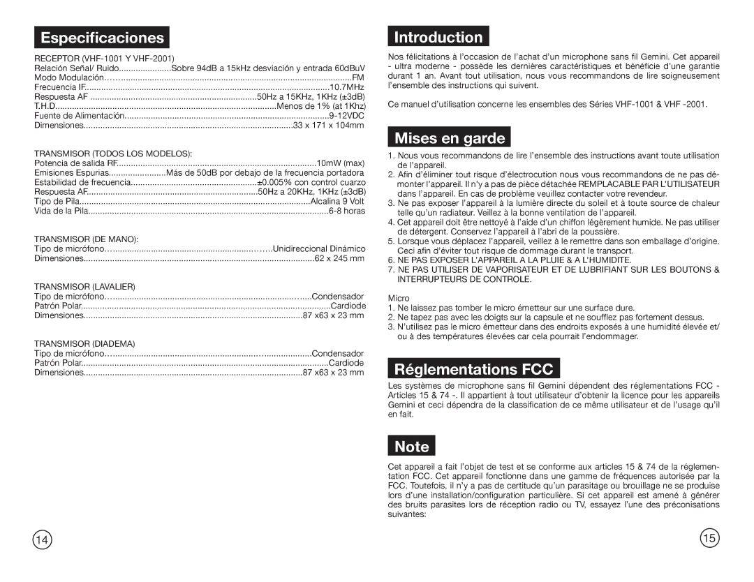 Gemini Industries VHF-2001M, VHF-2001HL, VHF-1001HL, VHF-1001M manual Especificaciones, Mises en garde, Réglementations FCC 