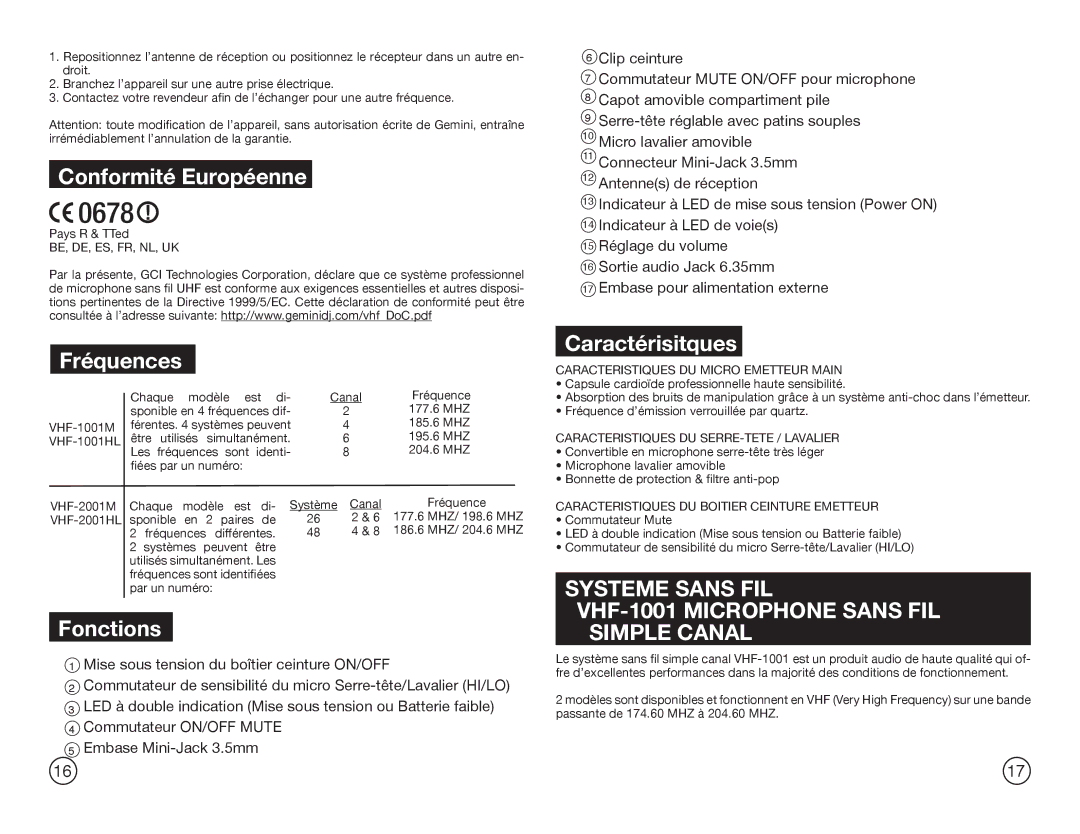 Gemini Industries VHF-2001HL, VHF-2001M, VHF-1001HL manual Conformité Européenne, Fréquences, Fonctions, Caractérisitques 