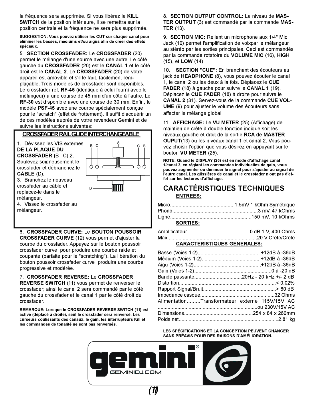 Gemini IPMX manual Caractéristiques Techniques, Entrees, Sorties, Caracteristiques Generales 