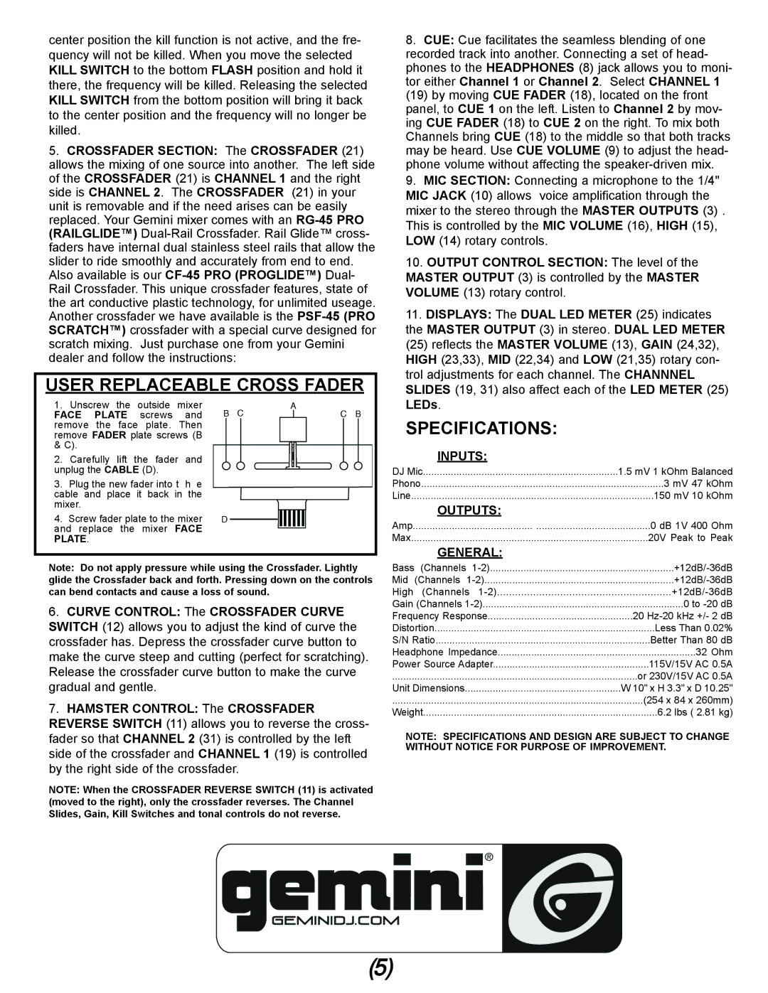 Gemini IPMX manual User Replaceable Cross Fader, Specifications, Inputs, Outputs, General 