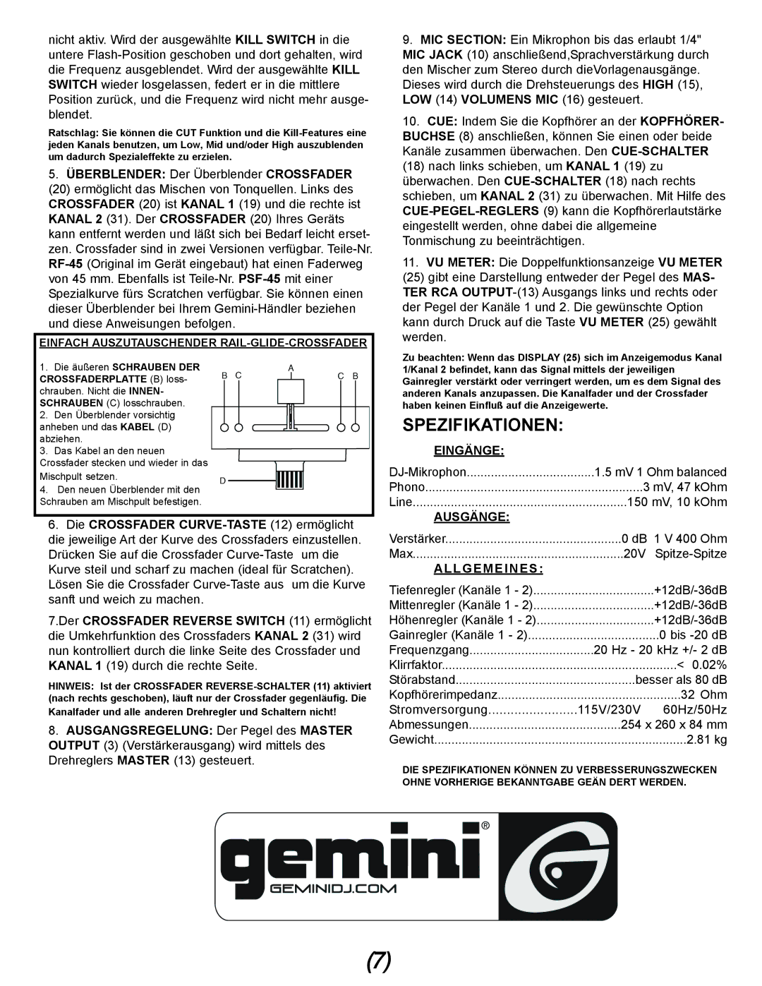 Gemini IPMX manual Spezifikationen, Eingänge, Ausgänge, Allgemeines 