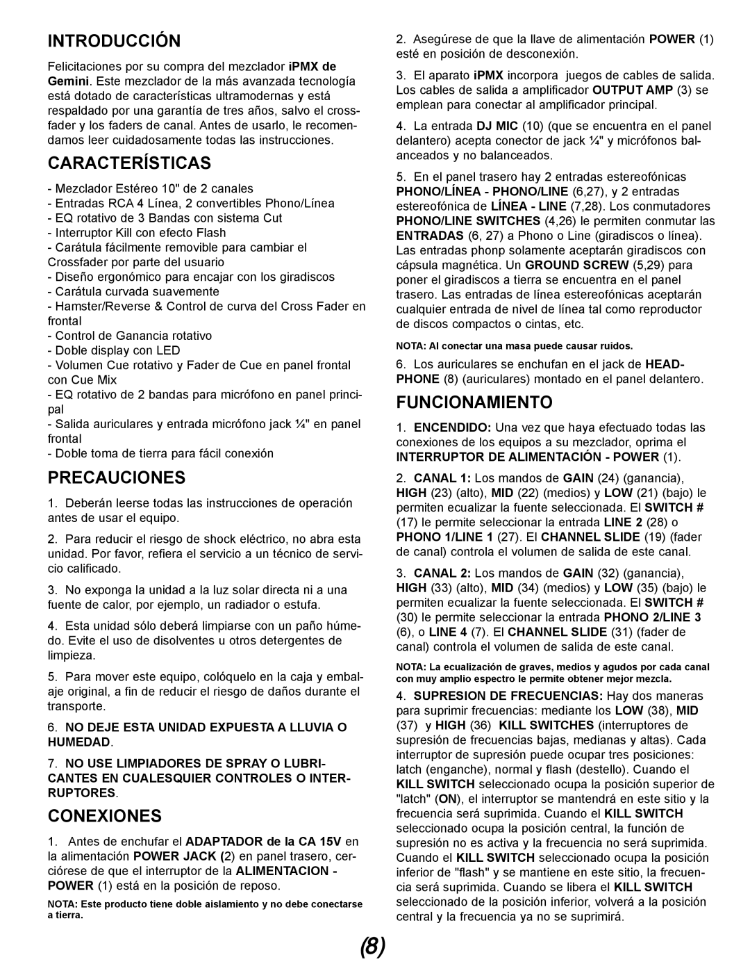 Gemini IPMX manual Introducción, Características, Precauciones, Conexiones, Funcionamiento 