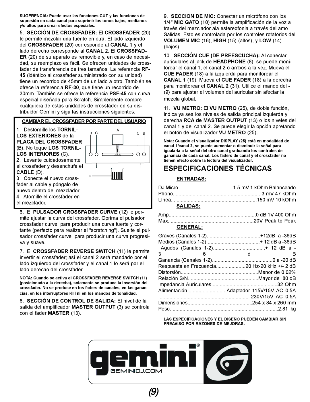 Gemini IPMX manual Especificaciones Técnicas 