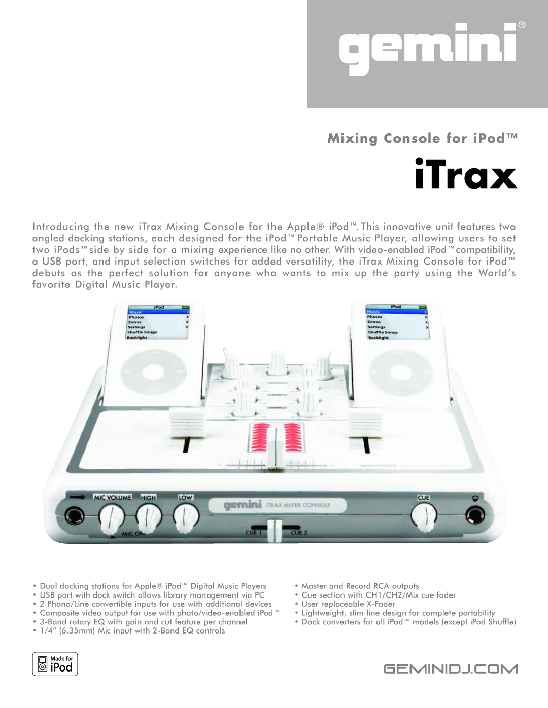 Gemini iTrax manual ITrax, Geminidj.com 