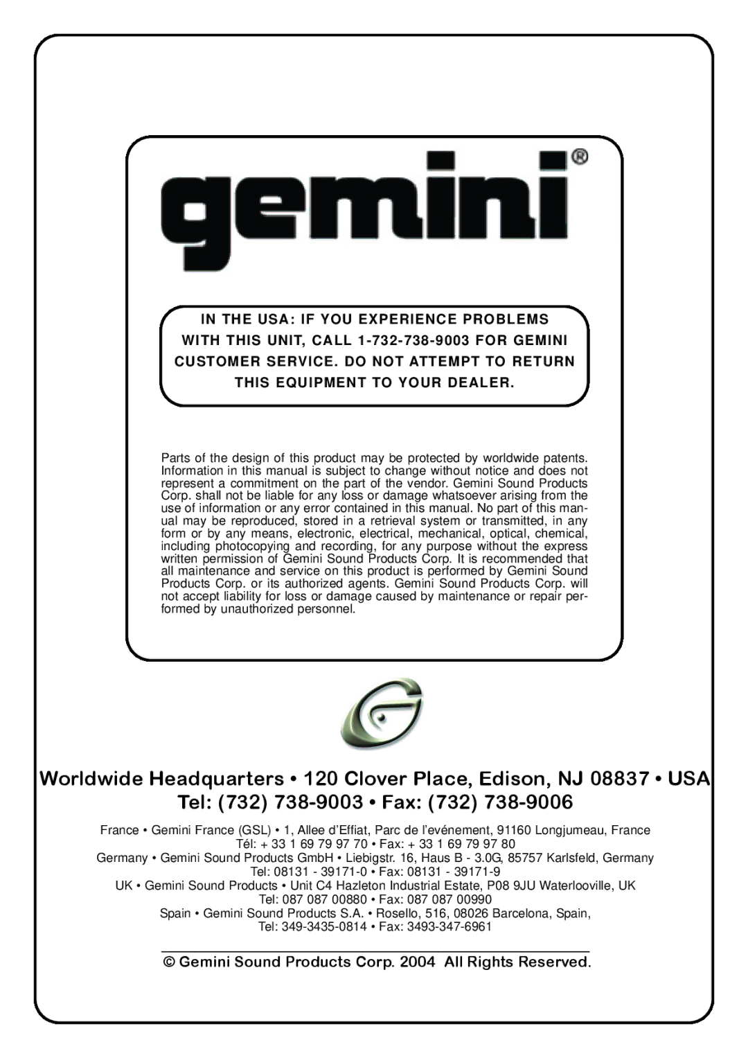 Gemini iTT manual Tel 732 738-9003 Fax 732 