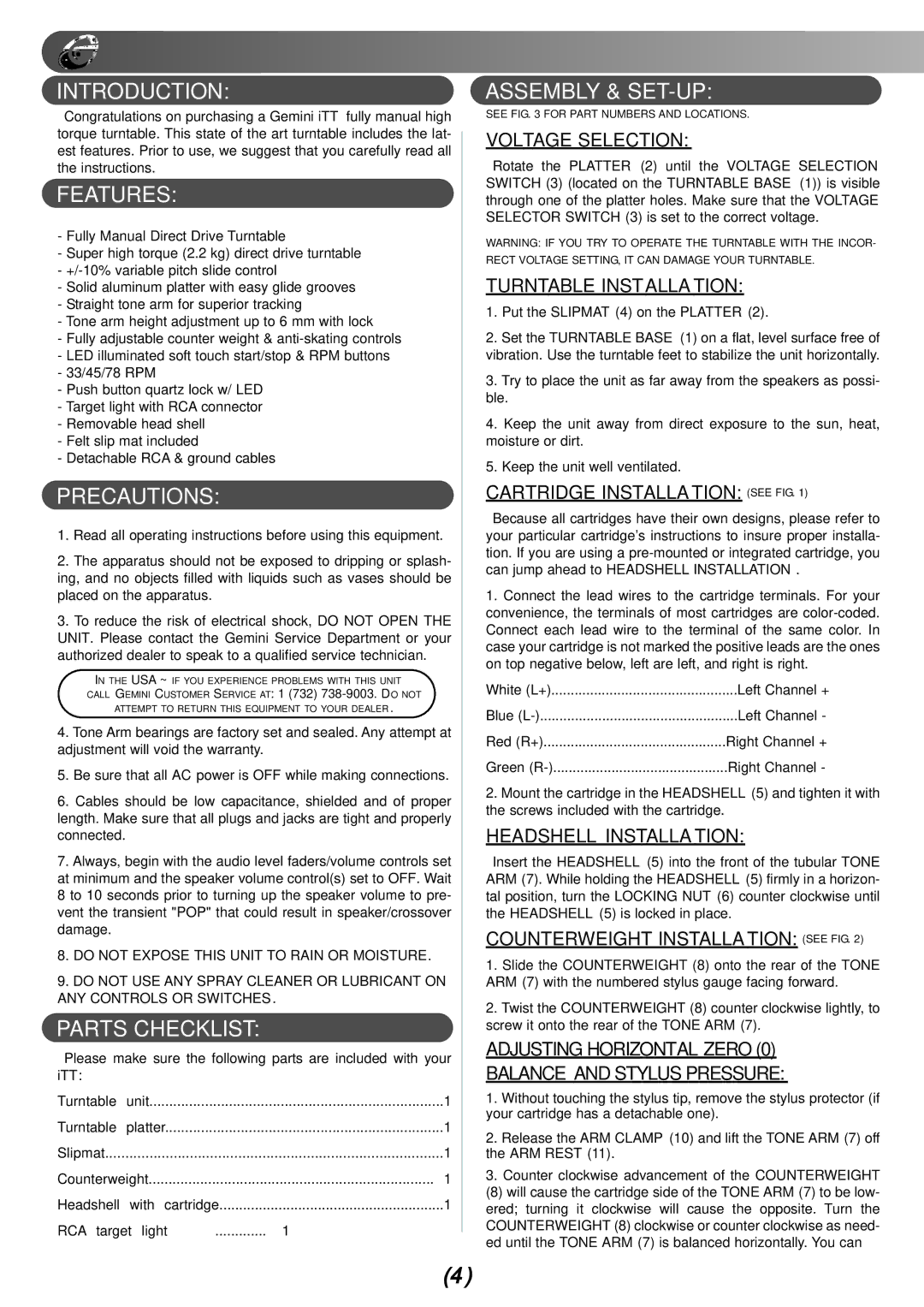 Gemini iTT manual Introduction, Features, Precautions, Parts Checklist, Assembly & SET-UP 