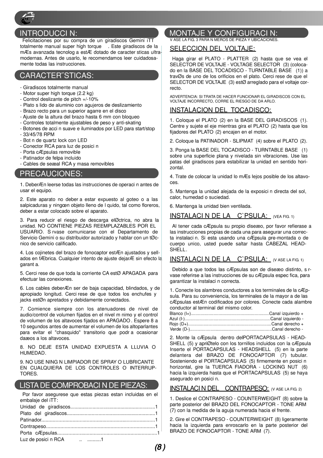 Gemini iTT manual Introducción, Características, Precauciones, Listade Comprobación DE Piezas, Montaje Y Configuración 