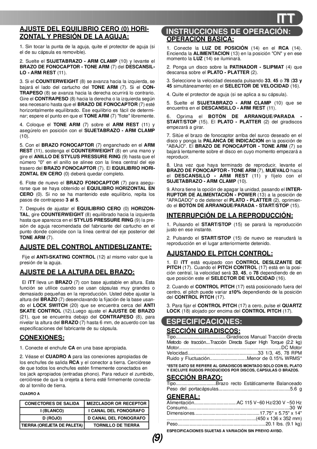 Gemini iTT manual Instrucciones DE Operación, Especificaciones 