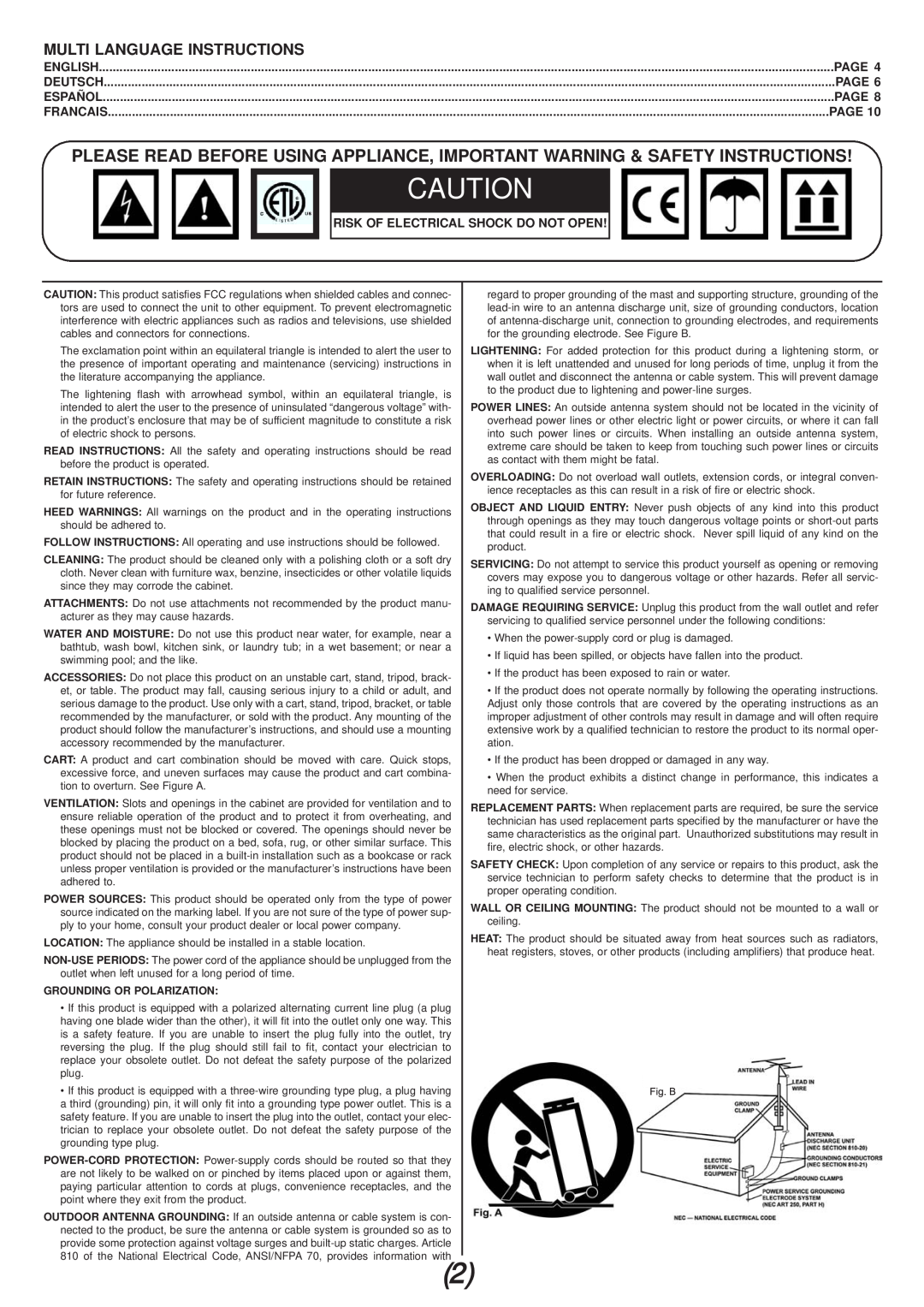 Gemini iTT manual Multi Language Instructions, Page, Risk Of Electrical Shock Do Not Open 