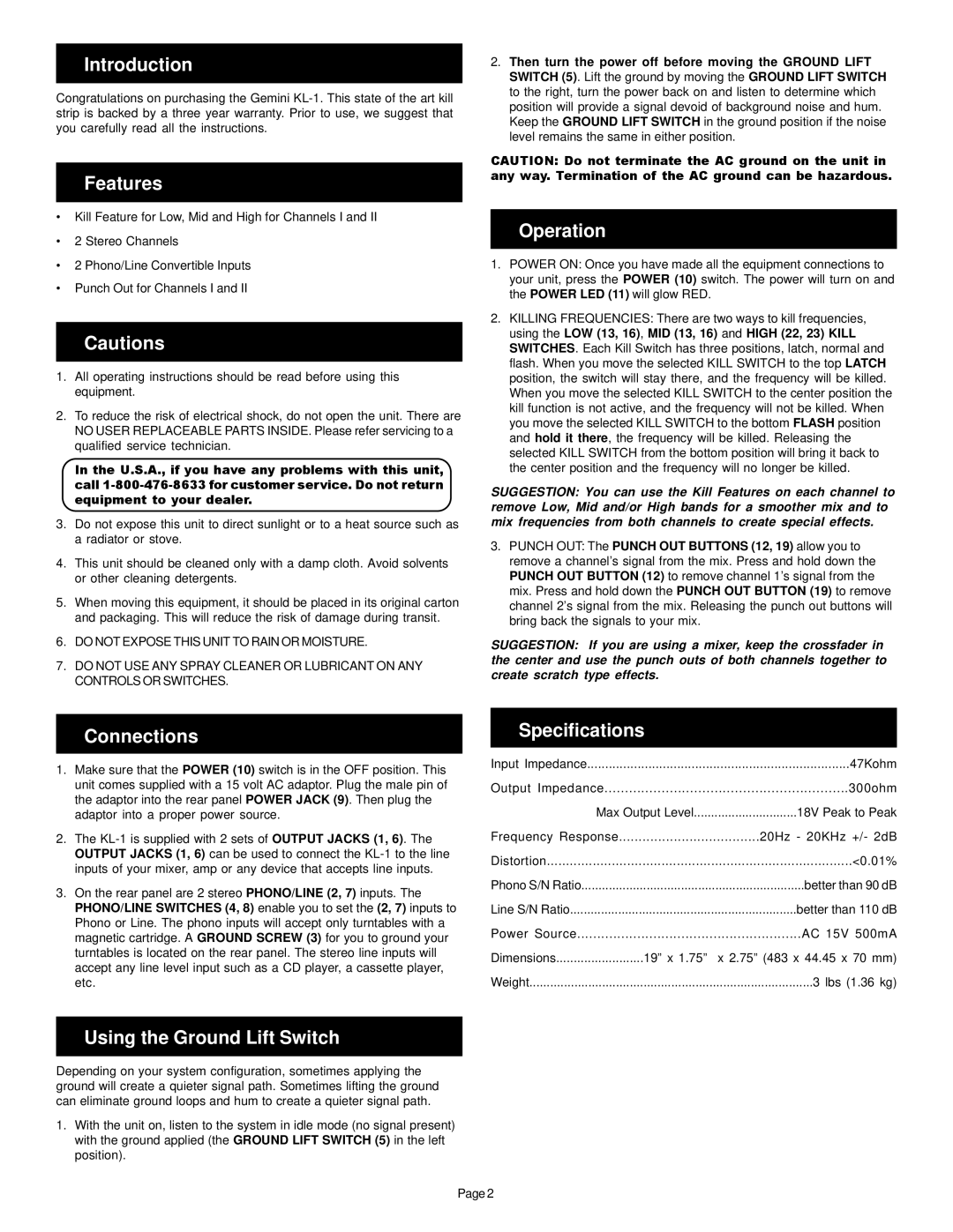 Gemini KL-1 manual Introduction, Features, Operation, Connections, Using the Ground Lift Switch, Specifications 