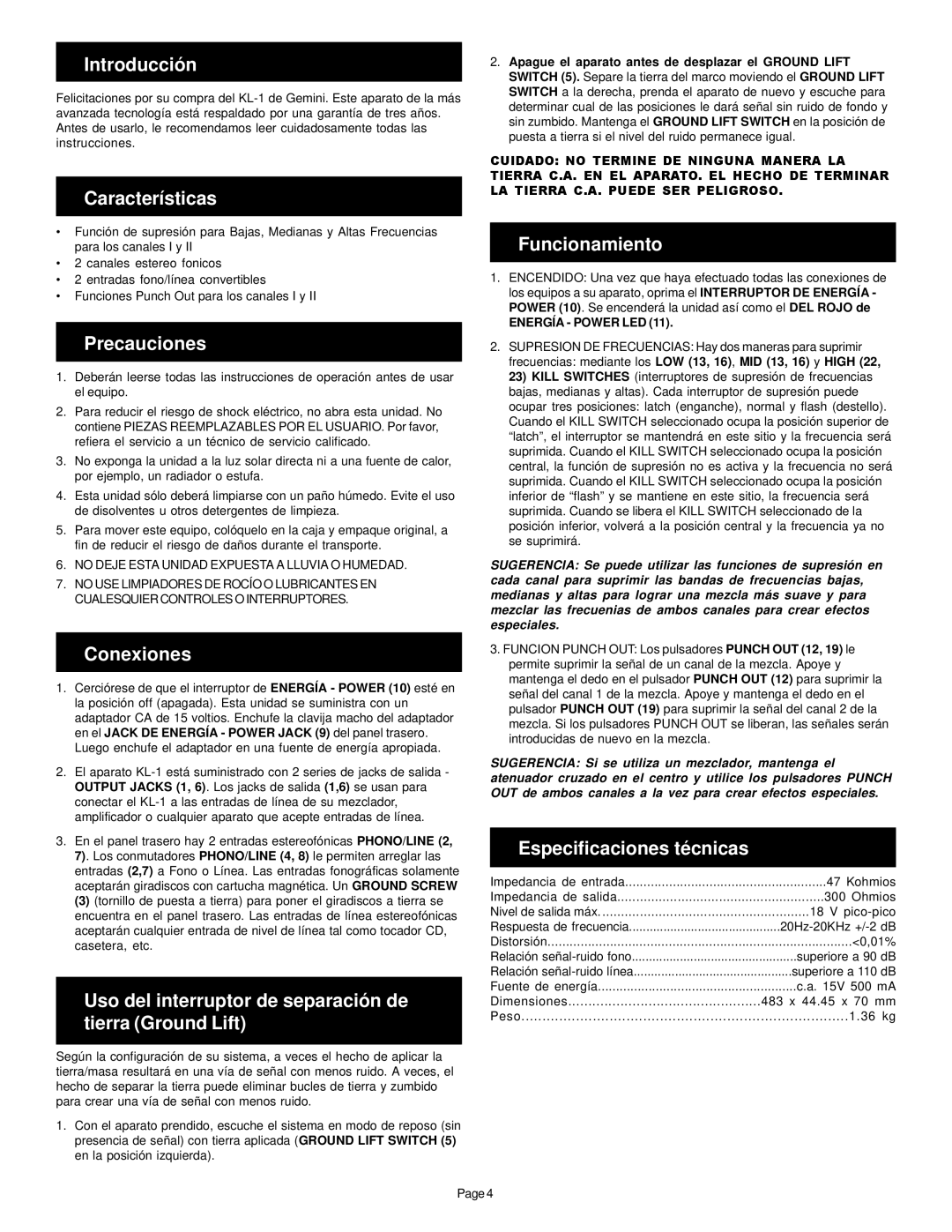 Gemini KL-1 manual Introducción, Características, Precauciones, Conexiones, Funcionamiento, Especificaciones técnicas 