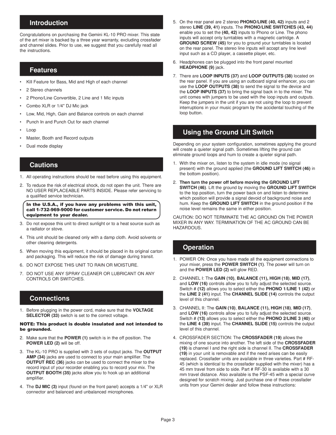 Gemini KL-10 PRO manual Introduction, Features, Connections, Using the Ground Lift Switch, Operation 