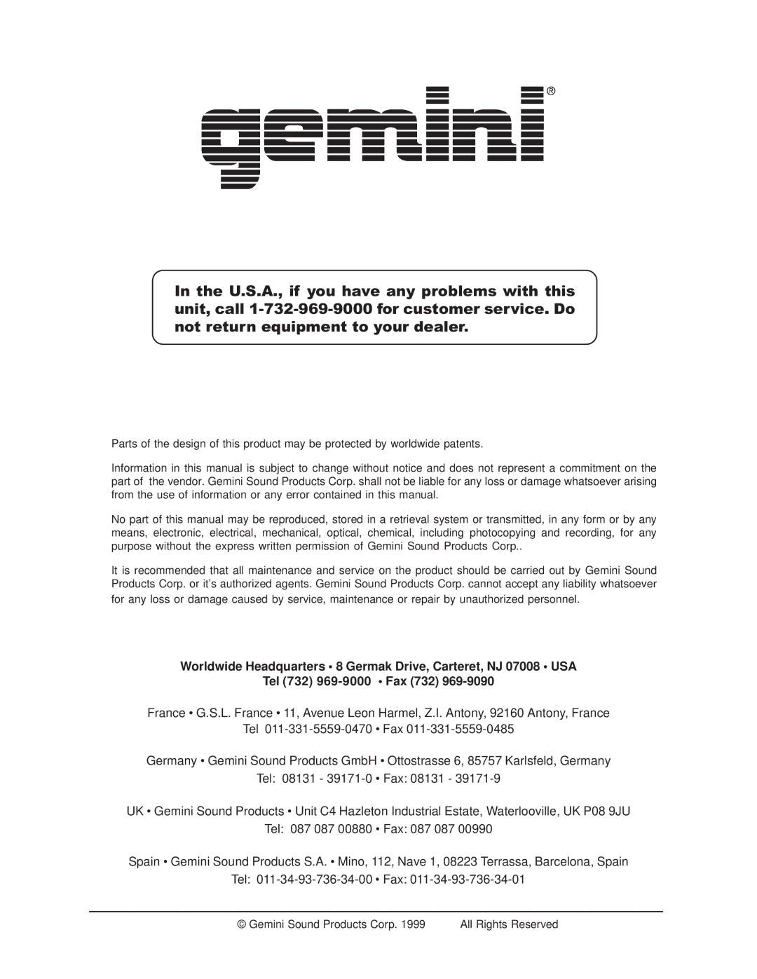 Gemini KL-10 PRO manual Gemini Sound Products Corp 