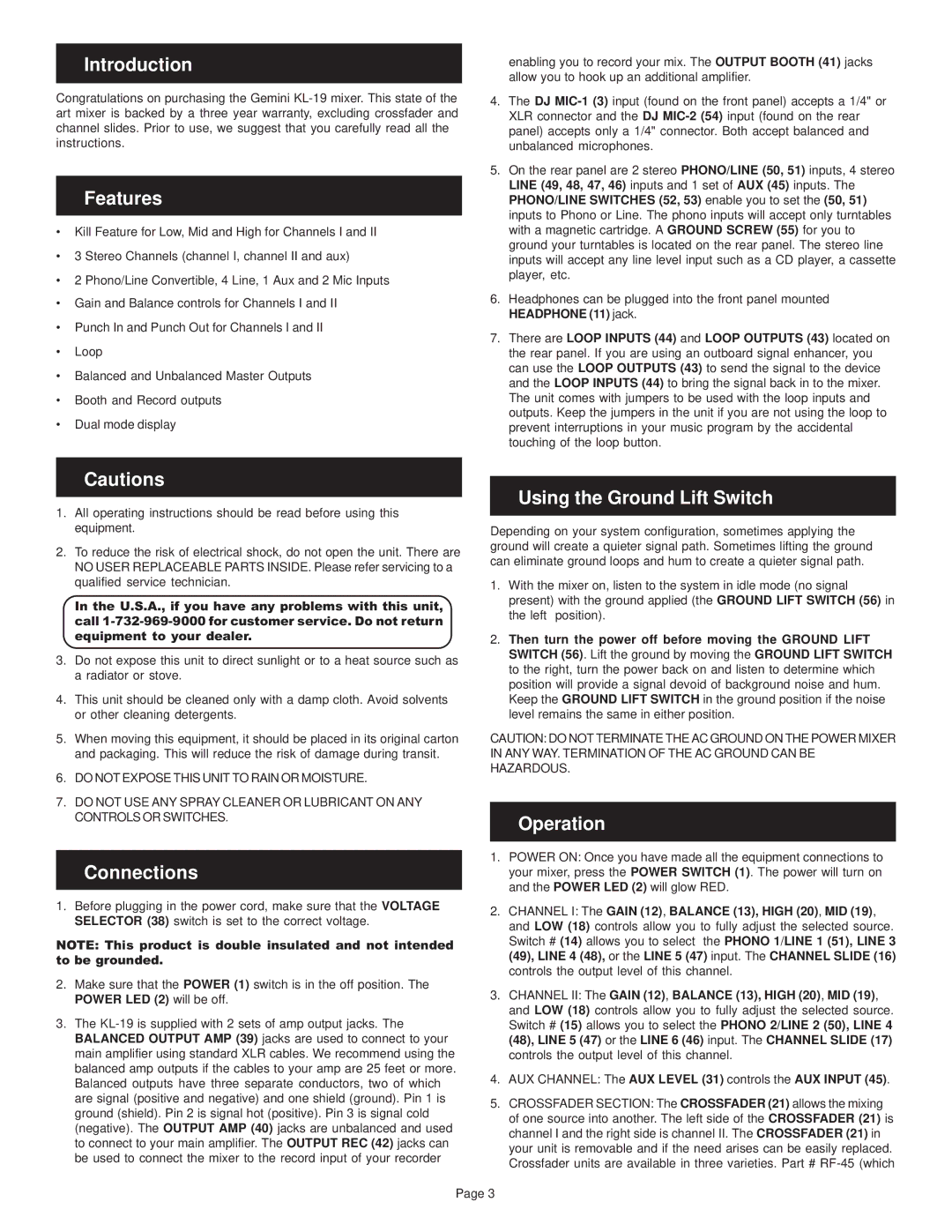 Gemini KL-19 manual Introduction, Features, Connections, Using the Ground Lift Switch, Operation 