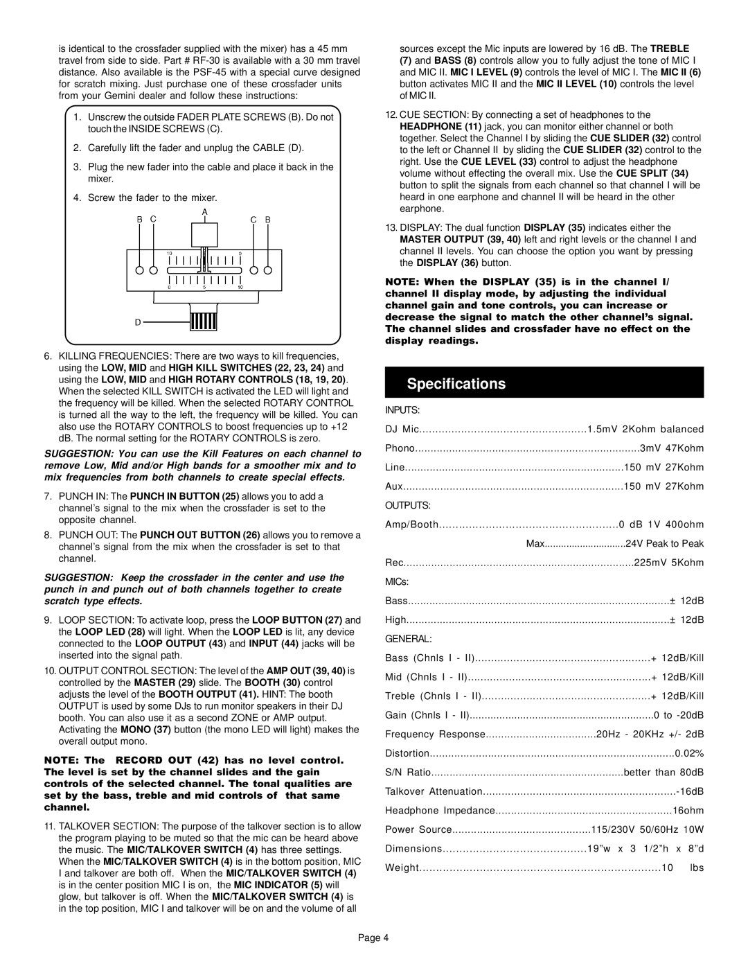 Gemini KL-19 manual Specifications, General 