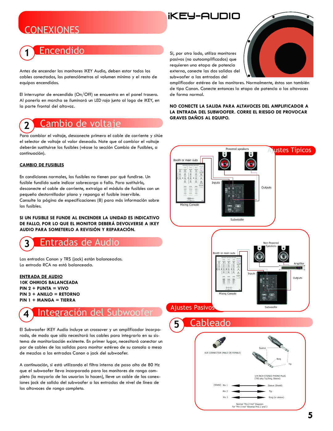 Gemini M10s, 808, 606, 505 manual Conexiones, Encendido, Cambio de voltaje, Integración del Subwoofer, Cableado 